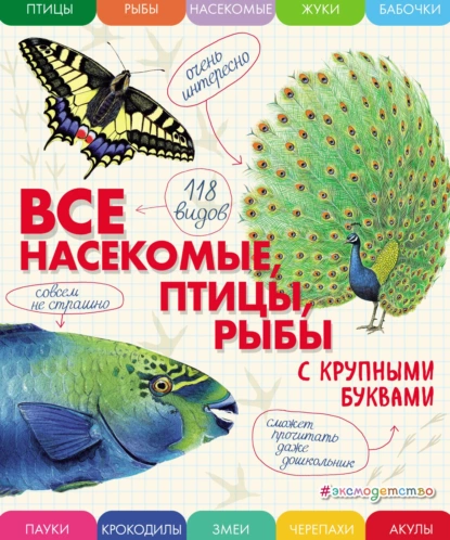 Обложка книги Все насекомые, птицы, рыбы с крупными буквами, Е. Г. Ананьева